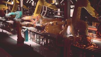 Robotic arms operate along conveyor belt in automated factory setting video