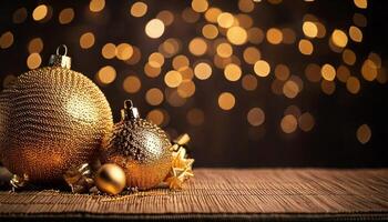 Golden christmas balls on a wooden table with bokeh lights photo