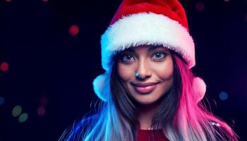 A woman wearing a santa hat and a christmas tree photo