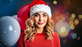 A beautiful woman in a santa hat holding balloons photo
