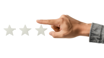 A joyful customer pointing to a five-star rating on a feedback form. png