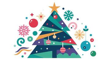 A colorful, artistic depiction of a Christmas tree surrounded by playful geometric shapes, festive ornaments, and cheerful decorations, reflecting the holiday spirit and joy of the season vector