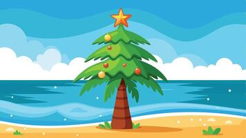 A colorful Christmas tree adorned with ornaments stands on a sandy beach next to calm ocean waves under a bright blue sky during the holiday season vector