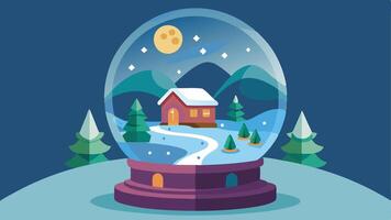 A colorful snow globe featuring a cozy cabin surrounded by snowy mountains and pine trees under a starry sky vector
