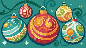 Colorful decorative ornaments hang in a festive arrangement, showcasing vibrant swirls and patterns, perfect for celebrating the holiday spirit in a joyful setting vector