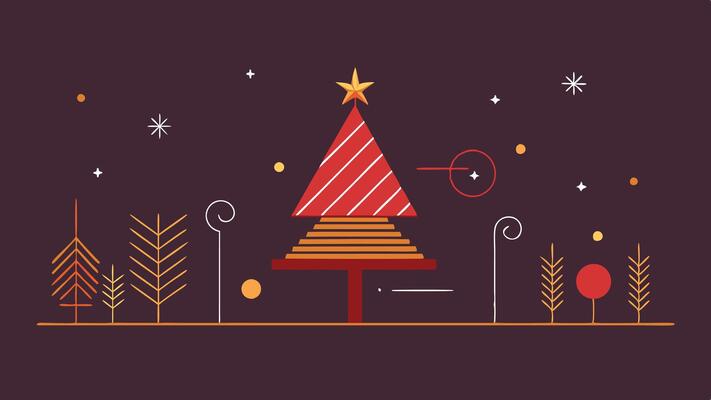 Festive holiday card design featuring trees, decorations, and snowflakes on a bright red background, perfect for seasonal greetings and celebrations