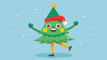 A cheerful animated Christmas tree character dances joyfully in a winter landscape adorned with colorful pine trees under a bright blue sky and falling snowflakes vector