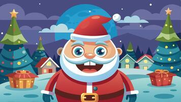 A cheerful cartoon elf in a red and white outfit stands in a winter wonderland surrounded by decorated Christmas trees and colorful presents during the holiday season vector