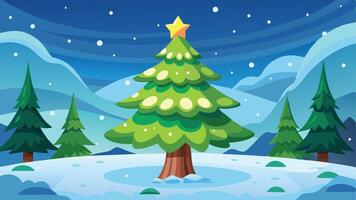 A vibrant Christmas tree adorned with colorful ornaments stands tall in a serene winter landscape, surrounded by snow-covered hills and evergreen trees against a night sky vector