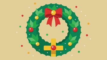A colorful Christmas wreath adorned with red berries and a golden gift box wrapped in a bright red ribbon, set against a soft yellow background during the festive season vector