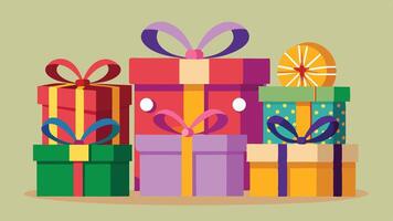 A vibrant assortment of colorful gift boxes stacked together, showcasing various patterns and ribbon colors, perfect for festive celebrations or special occasions vector