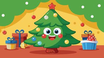 A cheerful cartoon Christmas tree character adorned with colorful ornaments and a star, smiling in a snowy nighttime forest surrounded by pine trees vector