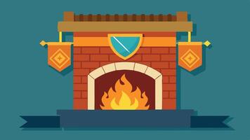 Cozy fireplace with decorative banners and vibrant flames in a warm-colored setting, creating an inviting atmosphere for relaxation and comfort vector