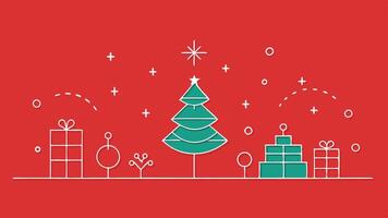 Simple line art of a winter scene with a Christmas tree, house, and snowflakes on a bright red background during the holiday season vector