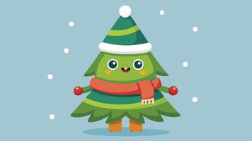 A cheerful cartoon Christmas tree wearing a red hat and yellow scarf stands against a light background, expressing holiday joy and warmth during the festive season vector