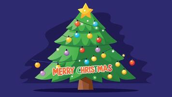 A colorful and festive illustration of a decorated Christmas tree with ornaments, lights, and a shining star, set against a dark purple background featuring stars and ornaments vector
