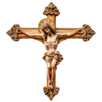 A gold cross with a statue of a man on it png