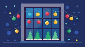 A cozy winter night view through a window featuring a decorated Christmas tree, colorful lights, and festive gifts adorned with ribbons and bows vector
