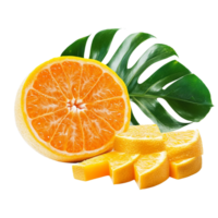 A sliced orange with a leaf isolated on a transparent background png