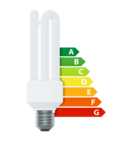 Light bulb with energy efficiency classes. European Union energy label. Transparent background png