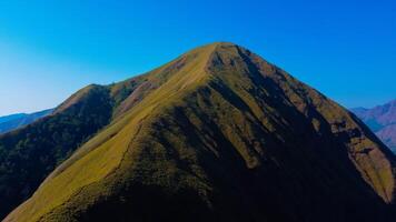 Experience breathtaking aerial views of the rolling hills in Sembalun, at the foot of Mount Rinjani, with expansive savanna turning golden at sunrise. photo