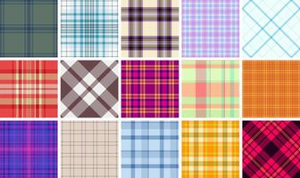 A collection of plaid patterns with colorful checks, ideal for textile, fabric, clothing, or celtic-inspired backgrounds. vector