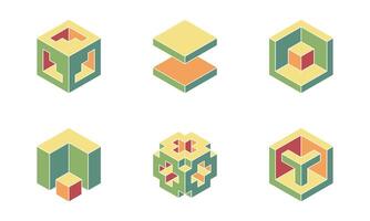 Cube logo, geometric design. Set box logotype company, trendy techno emblem in isometric 3D style. vector