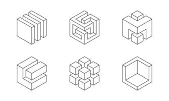 Black and white Cube logo, geometric design. Set box logotype company, trendy techno emblem in isometric 3D style. vector