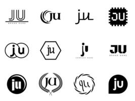 JU logo company template. Letter j and u logotype. Set different classic serif lettering and modern bold text with design elements. Initial font typography. vector
