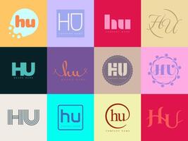 HU logo company template. Letter h and u logotype. Set different classic serif lettering and modern bold text with design elements. Initial font typography. vector