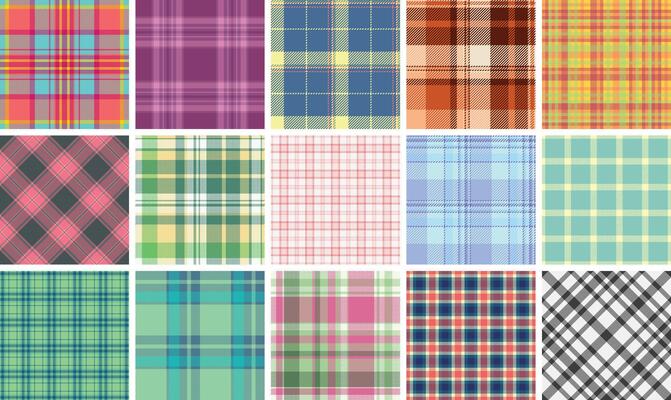Plaid pattern collection with traditional Scottish checks, ideal for textiles, clothes, and classic shirt fabrics in rustic tones.