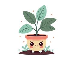 Cute lovely houseplant art. Kawaii faces on flower pot with plant. Cartoon style for print. vector