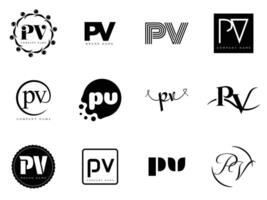 PV logo company template. Letter p and v logotype. Set different classic serif lettering and modern bold text with design elements. Initial font typography. vector
