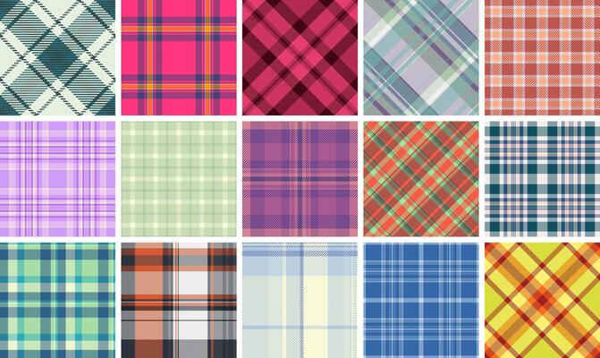 A stylish set of checkered plaid patterns in trendy colors, perfect for shirts, textiles, and old-fashioned clothing prints.