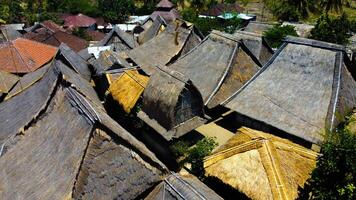 An aerial view of Sade Village in Lombok reveals lush farmland and densely populated homes under the bright midday sun, showcasing vibrant community life. photo