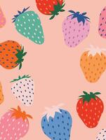 Strawberry colorful wallpaper print background. Fruit illustration isolated on background. Greeting card background with strawberries for your design vector
