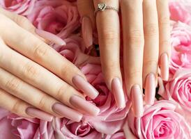 Elegant hands showcasing ombre manicured nails surrounded by fresh pink roses photo