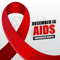 aids awareness month red ribbon with world map background vector
