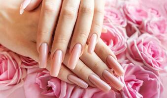 Elegant hands with long, polished nails surrounded by fresh pink roses in a soft, romantic setting photo