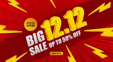 big 12 12 sale banner with lightning effect on red background vector