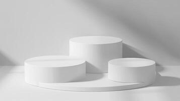 Minimalist white cylinder podiums are arranged against soft, neutral background, creating serene and elegant display. smooth surfaces and gentle shadows enhance simplicity and modern aesthetic photo