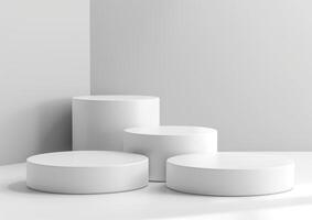 White minimalistic podiums are arranged in clean, modern setting, creating serene and elegant atmosphere. smooth surfaces and soft lighting enhance simplicity and sophistication photo