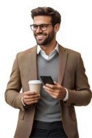 man in suit holding coffee and smart phone png