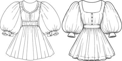 High-Neck Puff Sleeve Gown Line Art vector
