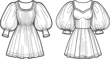 Boho Print Puff Sleeve Dress Outline vector