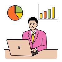 2D as Business consultant analyzing financial data concept as A illustration of a business consultant in an office analyzing financial data on a laptop highlighting e vector