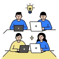2D minimalize as Startup team collaborating on a business plan concept as A illustration of a startup team collaborating on a business plan using laptops and tablets vector