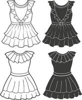 Retro Style Ruffle Hem Gown Line Art vector