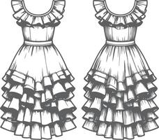 Mermaid Style Ruffle Hem Gown Sketch vector