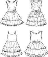 Boho Print Ruffle Hem Gown Line Art vector